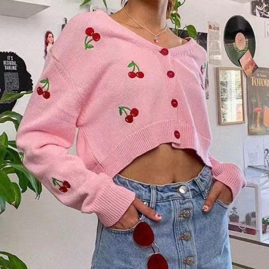Cherry Button Down Pink Cardigan
